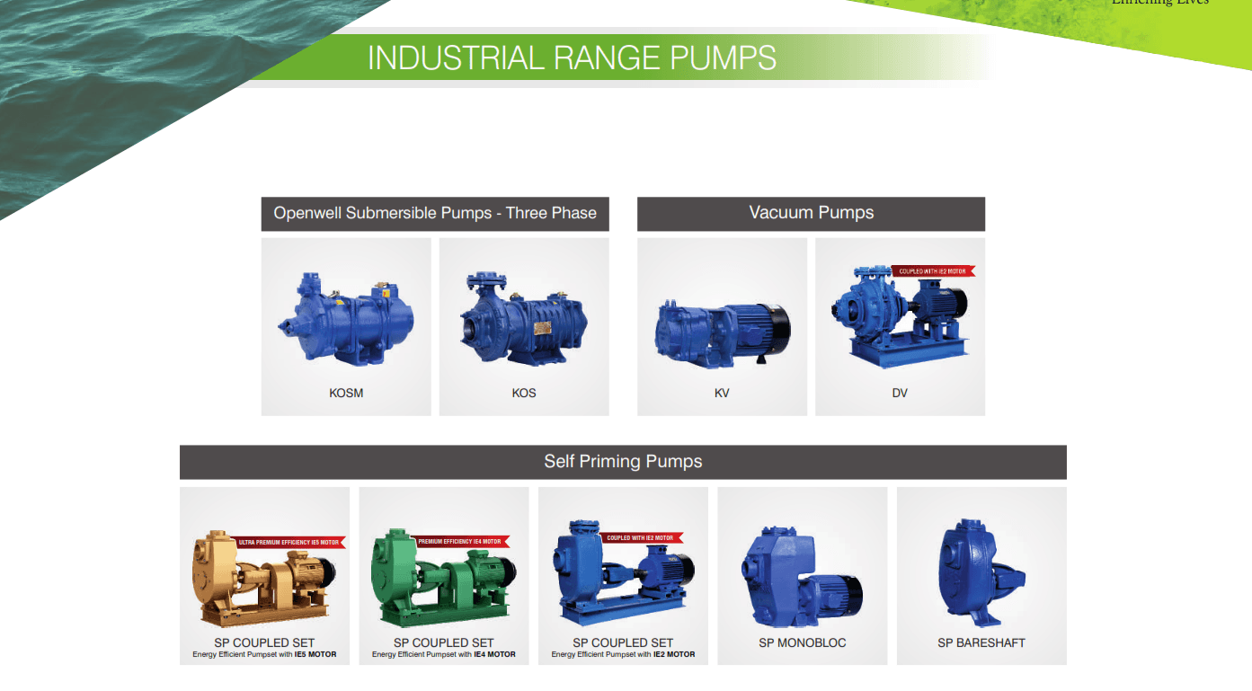Kirloskar industrial range — openwell submersible, vacuum and self-priming pumps