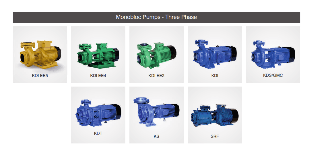 Kirloskar three-phase monobloc pump range — KDI EE5 / EE4 / EE2, KDS, GMC, KDT, KS, SRF