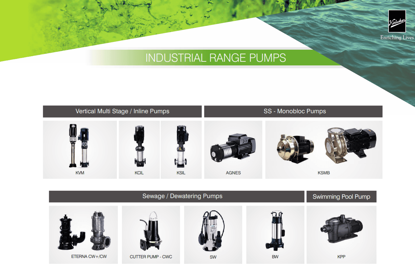Kirloskar vertical multi-stage inline, SS monobloc, sewage / dewatering and swimming pool pumps