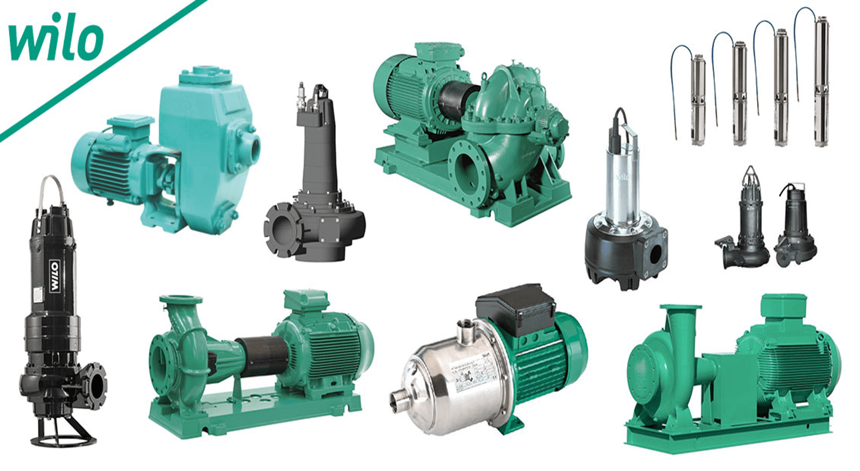 Wilo Mather & Platt pump range — end-suction, split-case, vertical multistage, submersible and borewell pumps